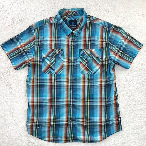 PrAna Short Sleeve Shirt Men's XL‎ Blue Red Plaid Button Up Pockets - Picture 2 of 11